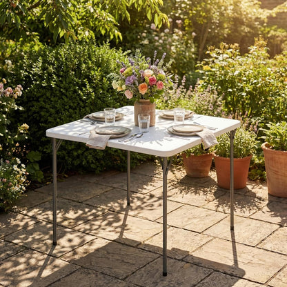 34" Square Folding Table - Heavy-Duty Steel Legs & HDPE Top | Portable 4-Person Picnic Table, White