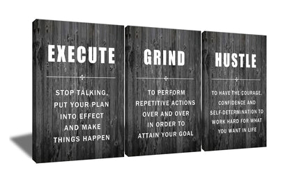 Motivational Wall Art Execute Grind Hustle Inspirational Poster 3 Pieces Canvas Prints Artwork for Living Room Modern Home Decor Painting Pictures Stretched and Framed Ready to Hang [48''Wx 24''H]