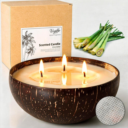Viyffo 18oz Large Citronella Candles Outdoor, 3 Wick Citronella Candle, Natural Coconut Shell Jar, Non Toxic Soy Candle for Patio, Backyard, Deck & Camping, Rustic Decor Gift (with Fireproof Mat)