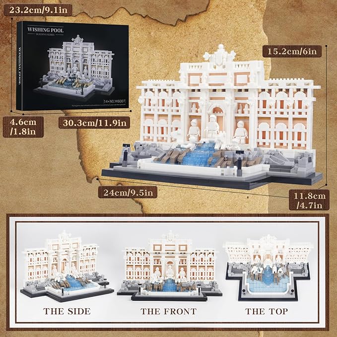 2000pcs Trevi Fountain Archiecture Micro Mini Building Blocks SetCreative Ideals Roman Landmark Model Collection for 14+ Boys Girls or Adults
