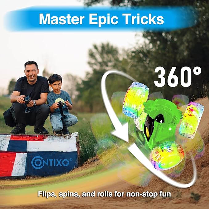 Contixo SC3 RC Stunt Car Green 2.4GHz 4WD Double-Sided 360° Rotating flip Racer Remote Control Toy Cars with LED Lights for Kids Girls Boys Age 4-12 Birthday Gift