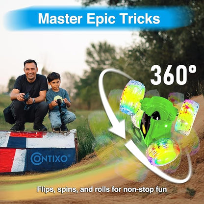 Contixo SC3A Toy Remote Control Car for Kids with Double-Sided 360° Rotating Stunt 4WD Off-Road RC Cars with LED Lights Birthday for Boys and Girls Ages 4 5 6 7 - Green