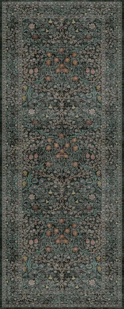 Skiennix Dark Green 2x5 Runner Rug - Non-Slip & Washable Floral Boho Design for Indoor Use
