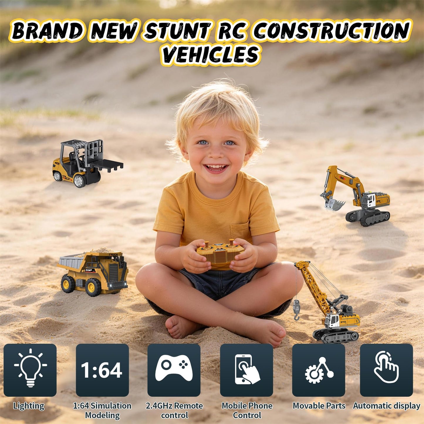4 PCS RC Construction Vehicles Set with Mini Excavator dump truck Forklift and crane USB Charge Real Lights & Sounds and Movable Parts & Traffic Sign Simulate True Scale Birthday Gifts for Kids Adults