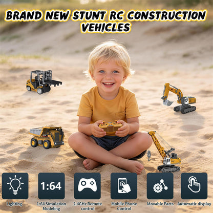 4 PCS RC Construction Vehicles Set with Mini Excavator dump truck Forklift and crane USB Charge Real Lights & Sounds and Movable Parts & Traffic Sign Simulate True Scale Birthday Gifts for Kids Adults