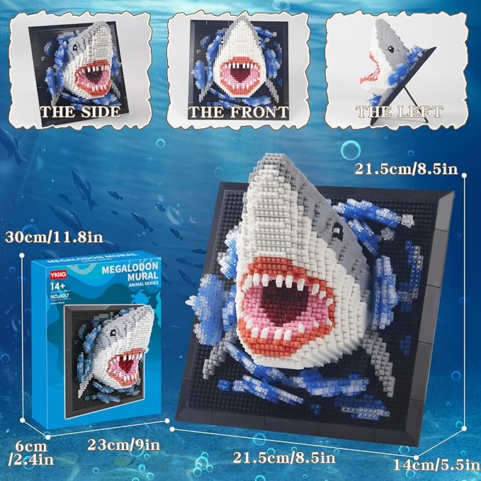 1800PCS Animal Shark 3D Wall Art Micro Mini Building Blocks Set not Compatible with Lego SizeUnique Home or Table Decor Painting with Specialized TweezersPresent DIY Shark Toy for 14+