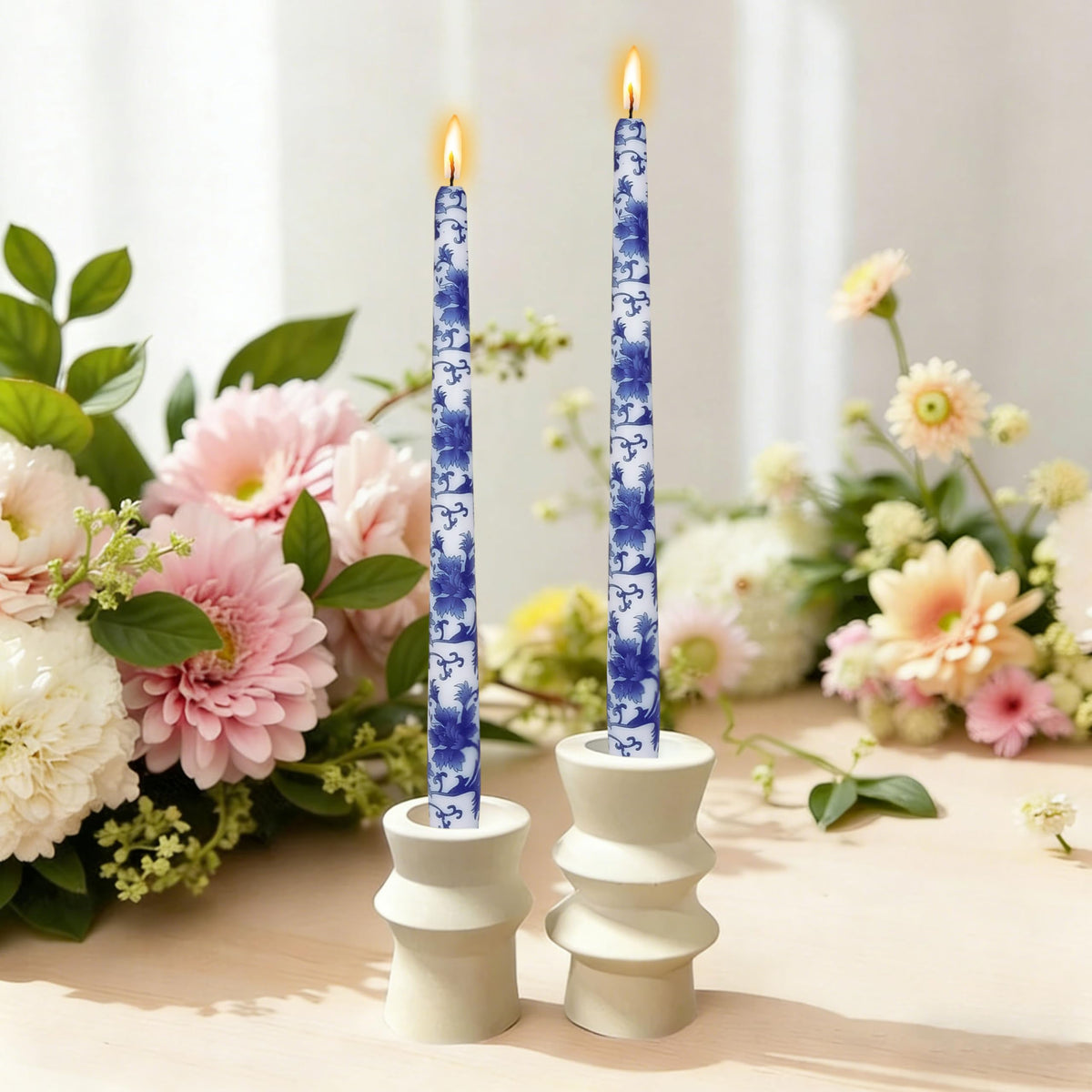 Blue and White Printed Candles Unscented Candlesticks 10 inch Hight Candle 2 PCS Handmade Taper Candle for Home Wedding Dinner Holiday Party