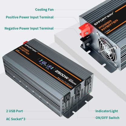 EFFORTWAY 2500W Power Inverter. 12V DC to 110V/120V AC Converter 5000W (Peak) with LCD Display, 3 AC outlets, 2 USB, 2500w Inverter for Camping RV Travel Outdoor Truck Off-Grid Solar inverters