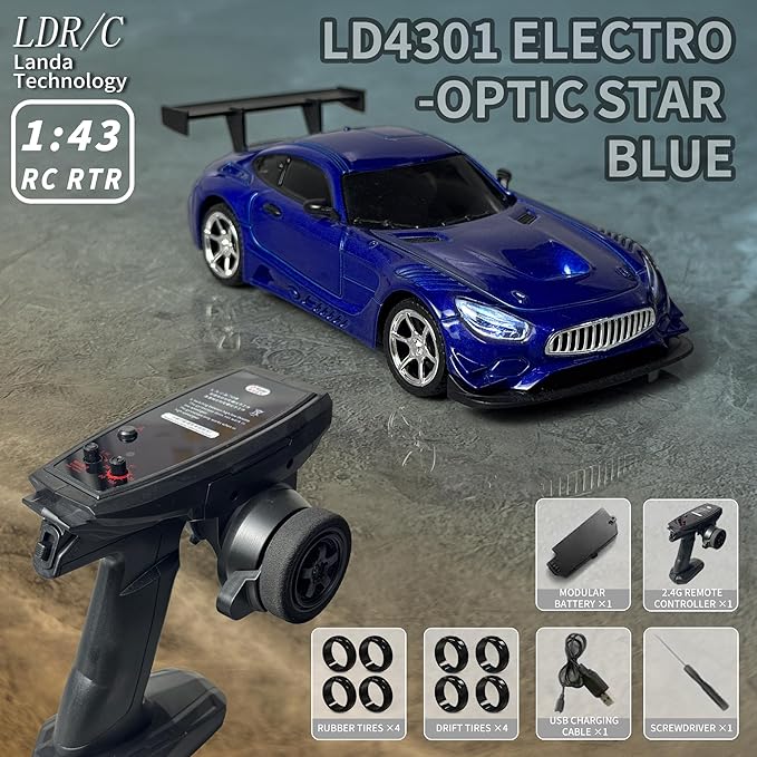LDRC LD4301 1:43 Scale RC Drift Mini Car 2.4G Remote Control Car with Alloy Shell Built-in Gyroscope Mini Desktop Racing Vehicle for Indoor/Outdoor Play (Blue)