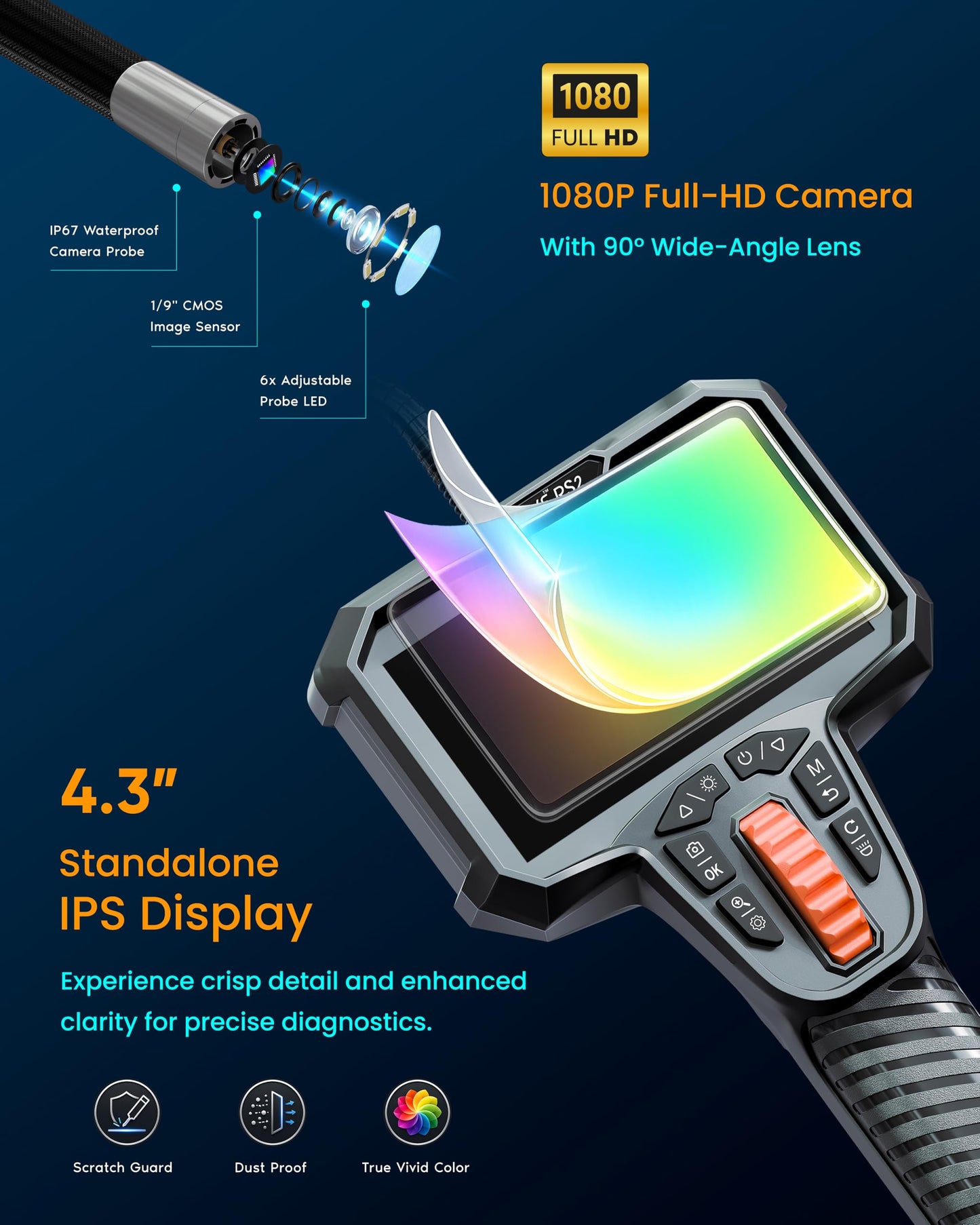 ROVE RS2 Two-Way Articulating Borescope Camera with Light, 1080P Industrial Endoscope Inspection Camera with 180° Articulated Slim 6.2mm Probe, 4.3” IPS Screen, for Wall Automotive, Mechanics, and DIY