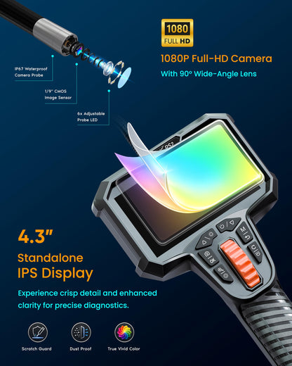 ROVE RS2 Two-Way Articulating Borescope Camera with Light, 1080P Industrial Endoscope Inspection Camera with 180° Articulated Slim 6.2mm Probe, 4.3” IPS Screen, for Wall Automotive, Mechanics, and DIY