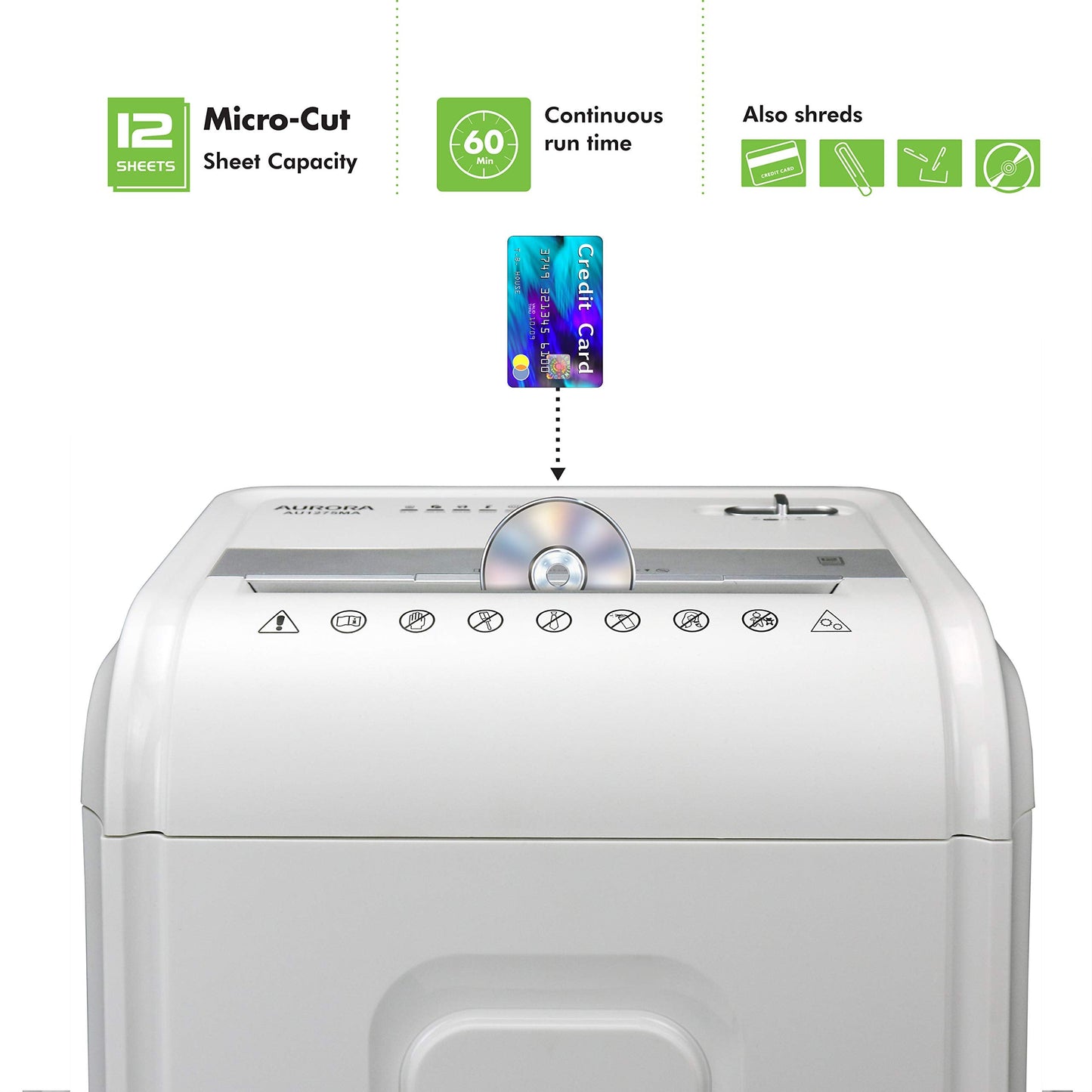 Aurora Professional Grade 12-Sheet Micro-Cut Paper and CD/Credit Card Shredder/ 60 Minutes Continuous Run Time, White/Gray