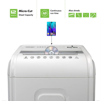 Aurora Professional Grade 12-Sheet Micro-Cut Paper and CD/Credit Card Shredder/ 60 Minutes Continuous Run Time, White/Gray