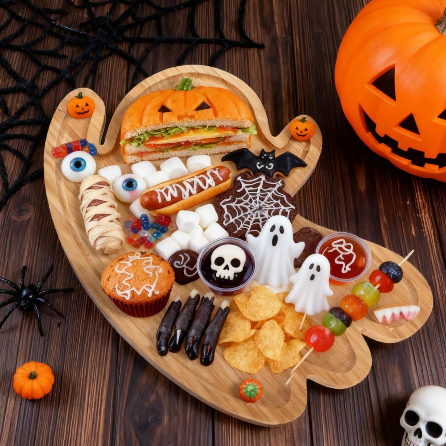 Mezchi Cute Ghost Shape Halloween Charcuterie Board, Decorative Bamboo Serving Platter Tray, Wood Cheese Cutting Board, Charcuterie Tray Plates for Halloween Kitchen Decor, Gifts