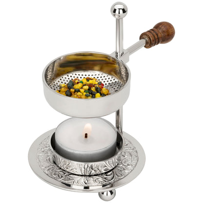 Adjustable Resin Incense Burner/Incense Censer with Tealight and Wooden Handle – HANDCRAFTET Nickel-Plated Brass, Height 4.33 inch, Durable Aromatherapy Holder for Safe Burning