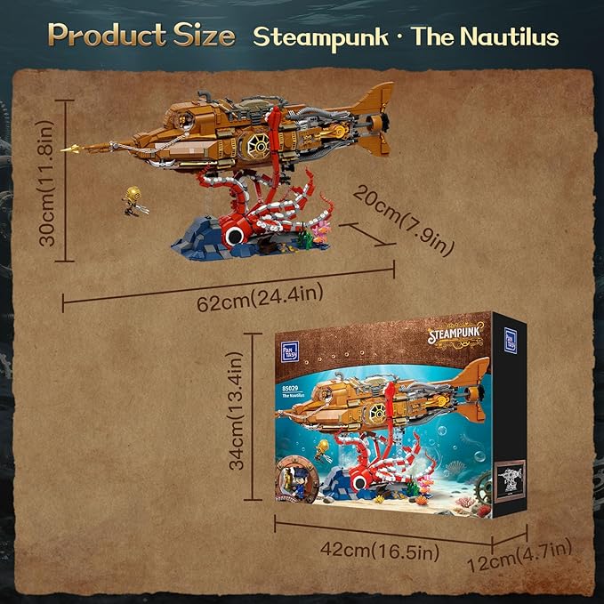 PANTASY Steampunk Nautilus Submarine Building Set Modular 3-Section Design with Gear-Linked Propeller Mini Boat &amp Undersea Adventure Scene Retro Mechanical Collectible Model Kit for Adults