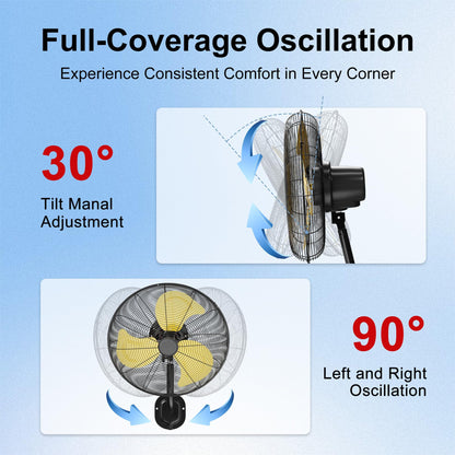 20 Inch Wall Mount Fan,7200 CFM Industrial Fan with 90° Oscillation,3 Speeds,Poweful Motor,Adjustable Tilt,High Velocity Fans for Garage,Shop,Patio,Factory,Gym,Porch,Outdoor,Indoor
