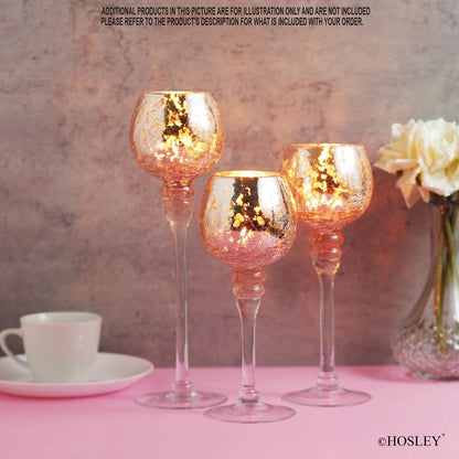 Hosley® Elevate Ambiance with Set of 3 Crackle Rose Gold Glass Tealight Holders 12 Inch, 10 Inch, 9 Inch Sophisticated Decor for Chic Candle Displays