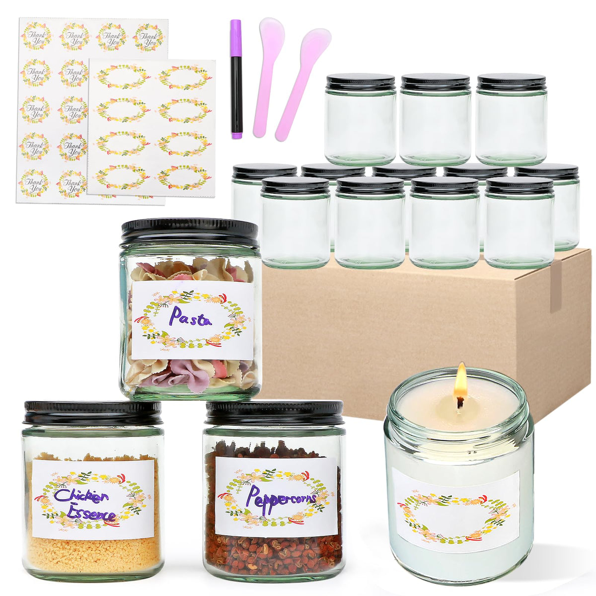 Salzesfalls 16 Pack Clear Candle Jars for Making Candles,8 oz Glass Jars with Lids,Candle Jars with 16 Metal lids,Canning Jars For Candles,Spice,Powder,Liquid,Sample