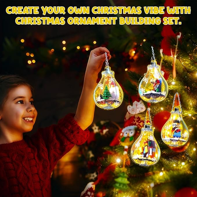 6 Pack Christmas Tree Bulb Ornament with Light Building Set Including Gingerbread House Penguin House Christmas House Fireplace Nutcracker Reindeer Stocking Stuffer Toy Gifts for Kids.(405PCS)