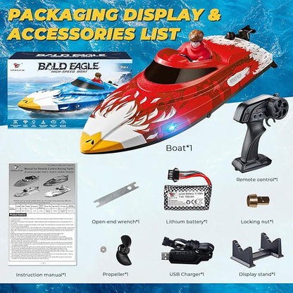 25KMH RC Remote Control Boat with LED Lights Self-Righting Low Battery Alert 2.4GHz with 800 mAh Lithium battery Waterproof Electric Fast Speed Boat for Pool &amp Lake Toy for Boys Girls Red