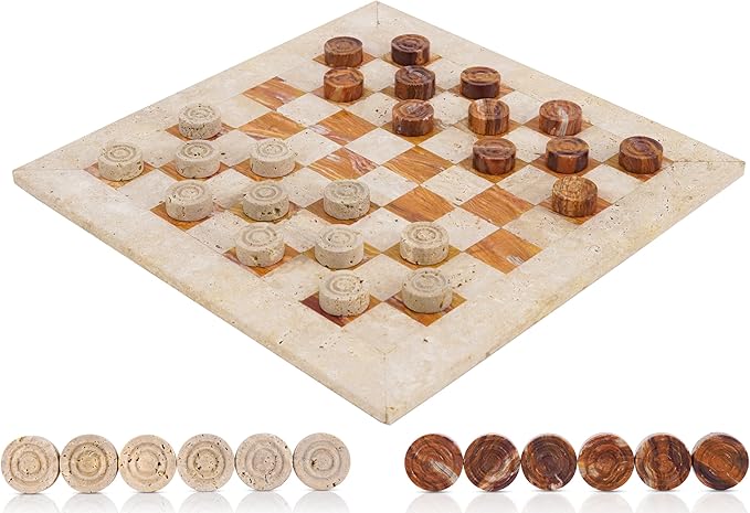 Marble Checkers Set 15 Inch Handmade Travertine &amp Brown Checkers Board Game with Checker Pieces - Board Games for Adults Game Table Accessories Gifts &amp Home Décor