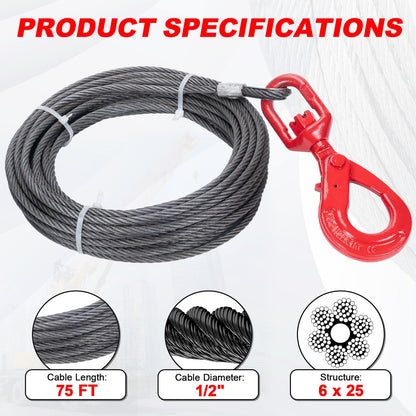 SajoSolid Winch Rope with Safty Hook, 1/2 Inch x 75 Feet Heavy-Duty Tow Cables with Hooks, 6×25 Stranded Steel Core Winch Cable, 24,000 lbs Breaking Strength for Trailers and Cranes