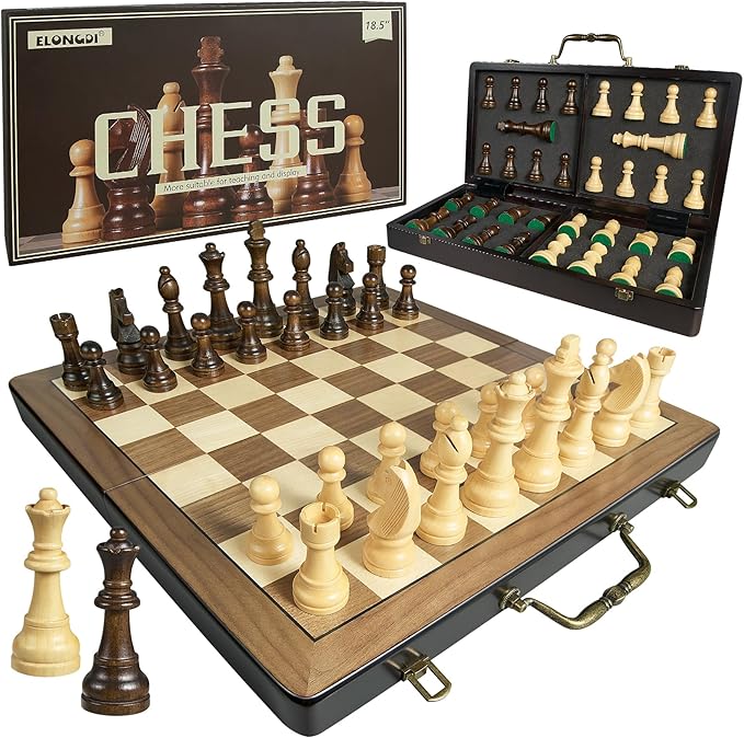 18.5 Wooden Chess Set with HandleChess Sets for Adults Kids Portable Folding Board Games with 4.5 King 2 Extra QueensHandmade Weighted Large Pieces with Storage Slots