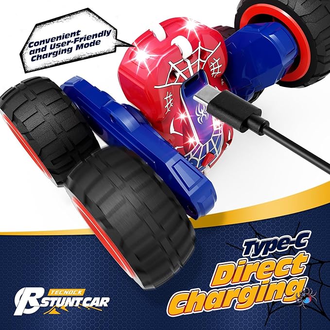 Tecnock Spider Remote Control Car 2.4GHz RC Cars with USB-C Easy Charging 4WD Double Sided 360° Rotates &amp Flips RC Stunt Car Toys Gift for Boys and Girls Ages 6-8 8-12