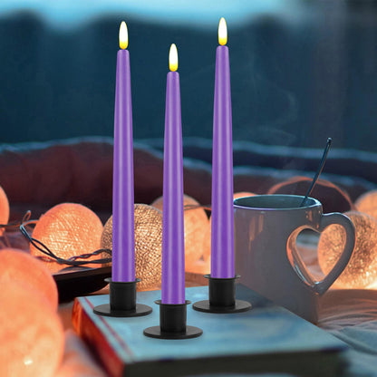 CVHOMEDECO. Flameless Taper Candles with 10-Key Remote, Battery Operated Led Flickering 3D Wick Window Candles Real Wax Finished Home Christmas Party Decor 0.78 x 11 Inch, Pack of 3, Purple