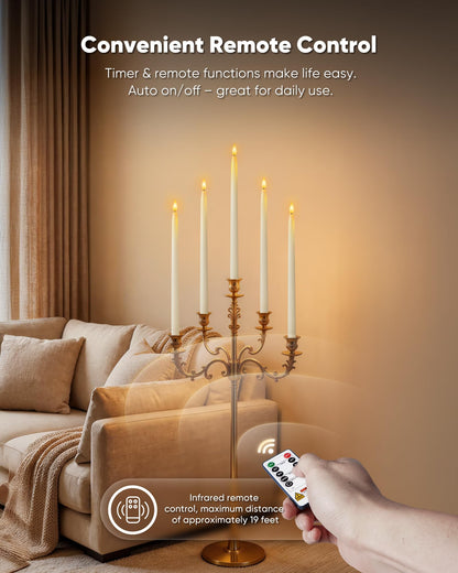 Homemory 15 inches Real Wax Flameless Taper Candles with Remote Timer, 6 Pcs White LED Taper Candles Battery Operated with 3D Flickering Flame, Window Candle Led Candlesticks for Dinners Home Decor