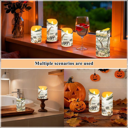 Gravopti Safari Animals 2 Pack Flameless LED Pillar Candles with Remote & Timer, Battery Operated, Flickering Wax Candle for Wedding, Romantic Home & Party Decor