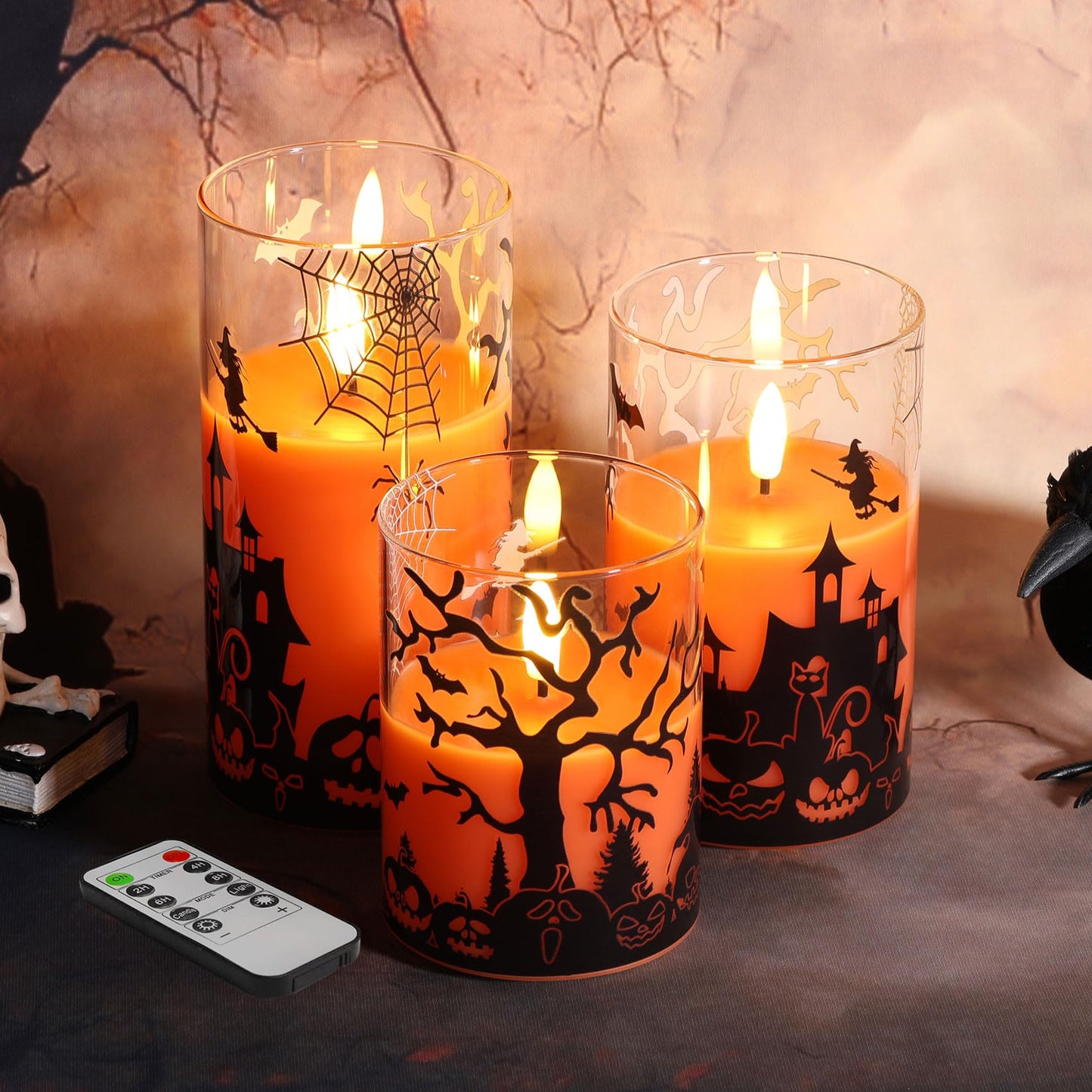 Eywamage Blue Ocean Theme Glass Flameless Pillar Candles with Remote, Flickering Moving Flame LED Wax Candles Summer Home Decor Set of 3
