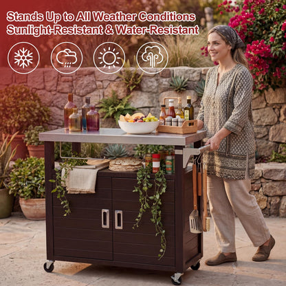 BBQMall Outdoor Grill Cart with Stainless Steel Top & Large Storage Cabinet, Movable Kitchen Island with Wheels for BBQ Food Prep, Pizza Oven Stand 39" x 20" x 35"
