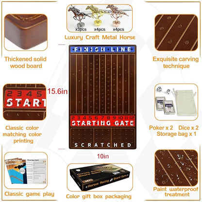Metal Horse Race Board Game Racing Game Thickened Solid Wood with 11 Luxurious Durable Classic Metal Horses with 2 Dice and 2 Boxes of Cards Horse Racing Game (WalnutRectangle)