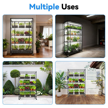JESLED Indoor Greenhouse with Grow Light, 3FT Full Spectrum 5000K LED Light for Seed Starting, Tiered Lighting Control, Built-in Timer & Thermo-Hygrometer, Rolling Metal Plant Stand (35.4x13.8x70 in)