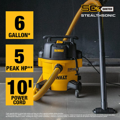 DEWALT 6-Gallon STEALTHSONIC Ultra Quiet Poly Shop Vacuum Wet and Dry with 6 Dust Bags, 5 Peak HP Noise Reduction Wet/Dry Vac for Jobsite, Workshop, and Garage, DXV06P-QTB