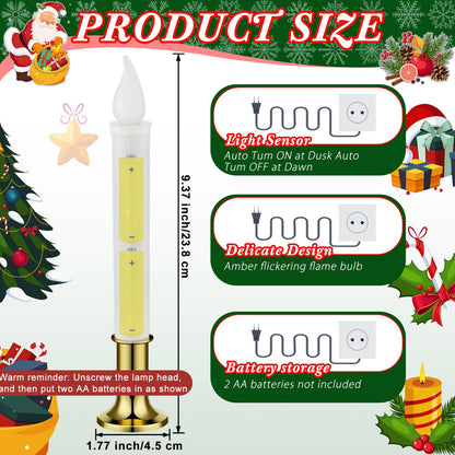 Baquler 8 Pcs Christmas LED Window Candles with Sensor Dusk to Dawn Light Sensor 9.37 Inches Cordless Flameless Battery Taper Candles with Flickering Amber Flame for Xmas Home Decor(Gold)