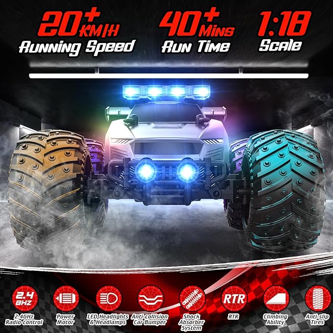 Remote Control Car - 20km/h 1:18 High Speed RC Cars Offroad with RBC &ampHeadlights &ampHeadlamps 2.4GHz Toy Car Gift for 3 4 5 6 7 8 9 10-12 Year Old Boys Girls Kids