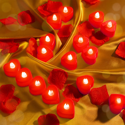 Coume 6000 Pcs Artificial Rose Petals with 120 Pcs Heart LED Tea Lights Candles Kit Rose Petals Candles Set for Romantic Night Anniversary Proposal Wedding Date Hotel(Red Light)