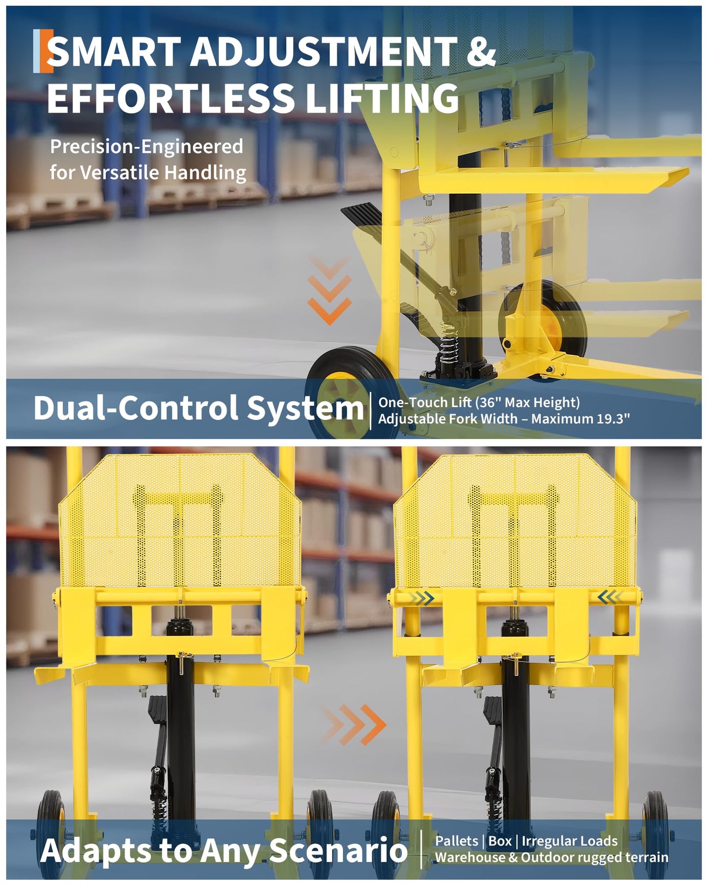 Hydraulic Material Lift with Steel Platform Board, 440lbs Capacity Pallet Truck Dolly, Lift Table, 36" Max Lift Winch Stacker, Multifunctional Hydraulic Hand Truck Fork Lift, Adjustable Forks