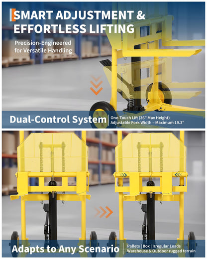 Hydraulic Material Lift with Steel Platform Board, 440lbs Capacity Pallet Truck Dolly, Lift Table, 36" Max Lift Winch Stacker, Multifunctional Hydraulic Hand Truck Fork Lift, Adjustable Forks