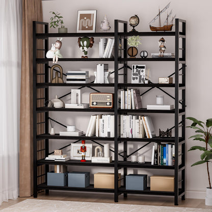 TEROL 7-Tier Corner Bookshelf, Reversible Wooden Shelves, Industrial Bookcase with Open Shelves and Sturdy Metal Frame, Display Shelf Storage Rack for Living Room, Bedroom, Home Office (Black)