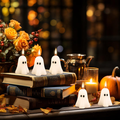 EBaokuup 6 PCS 2.3'' X 1.6'' Halloween Ghost Candles, White Ghost Decor Candles, Cute Burning Candle for Halloween Party Home and Table Decorations