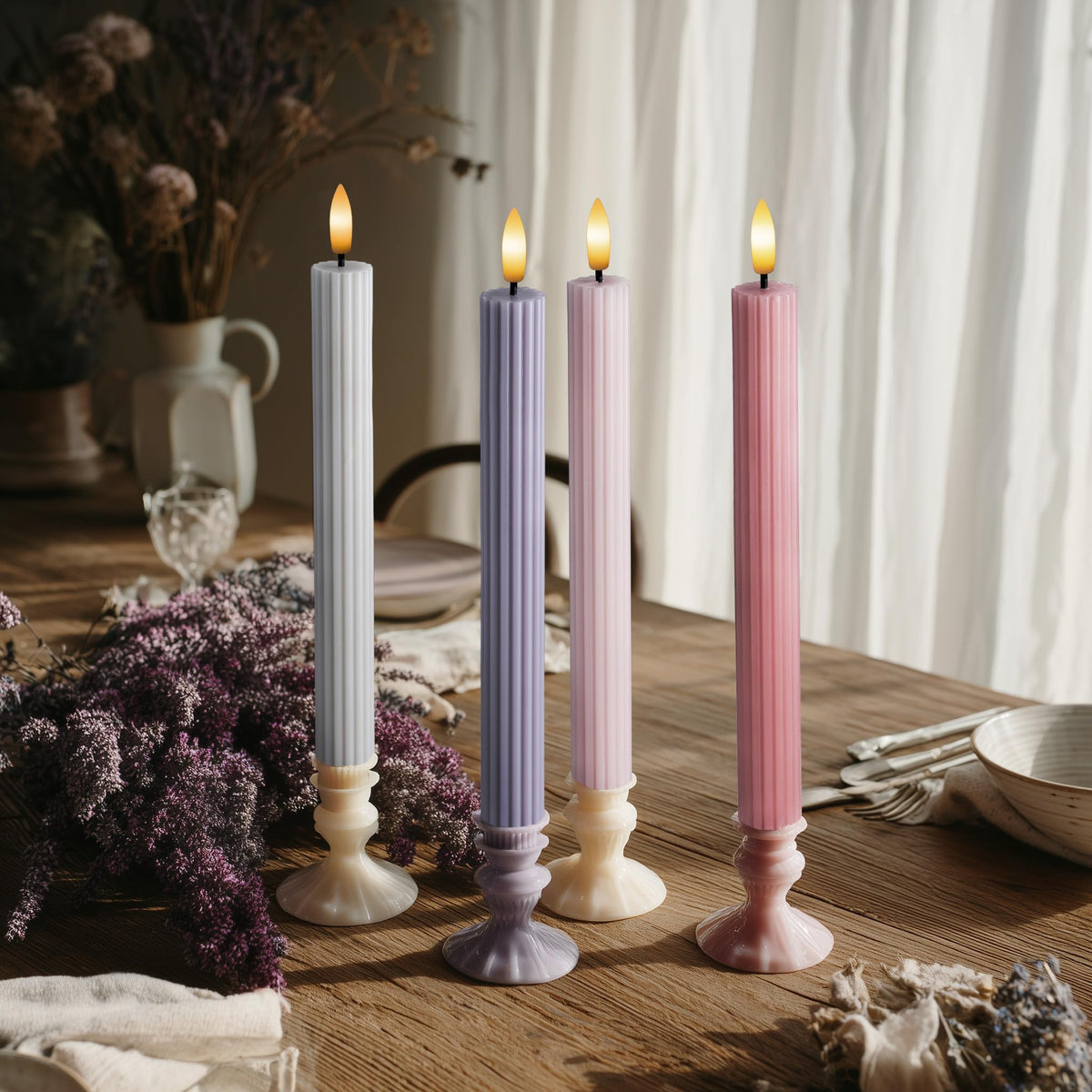 WYZworks Coordinated Dusty Mauve Pinkish Lilac 4 Pack, 10" Real Wax LED Flameless Fluted Ribbed Grooved Taper Candles, Remote & Timer Memory, On/Off Button, Dimmable, Battery Operated, Menorah Wedding