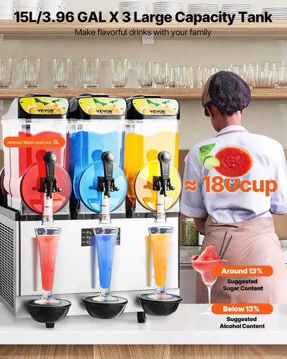 VEVOR Commercial Slushy Machine, 15Lx3 Triple Tank Margarita Machine, 180 Cups Stainless Steel Margarita Smoothie Frozen Drink Machine, Slushie Machine for Party Restaurants Cafe Bars