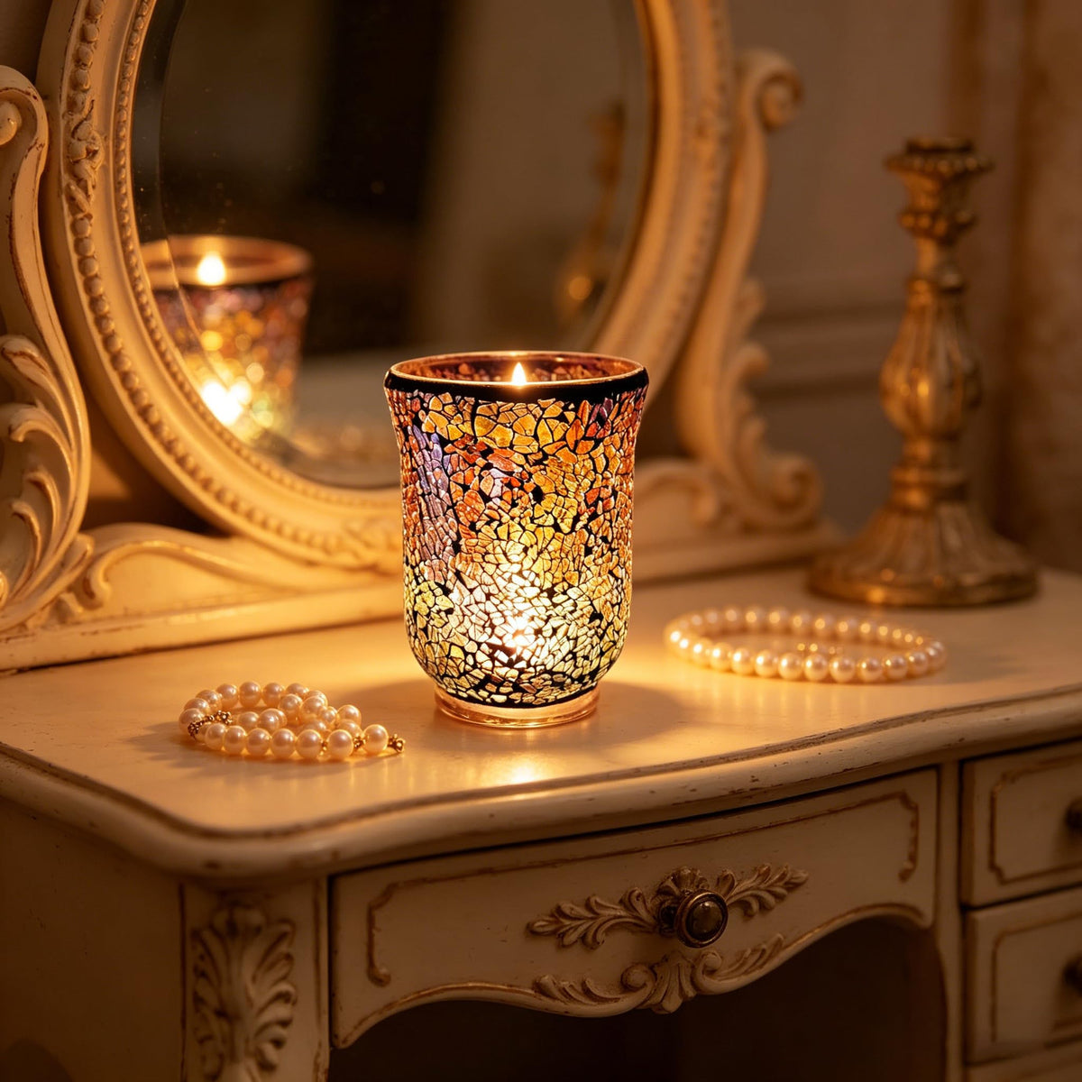 Glass Candlestick Romantic Mosaic Broken Candlelight Aromatherapy Candle Cup for Valentine's Day Christmas Thanksgiving Tables Center of Party Decorations(NO Candles)