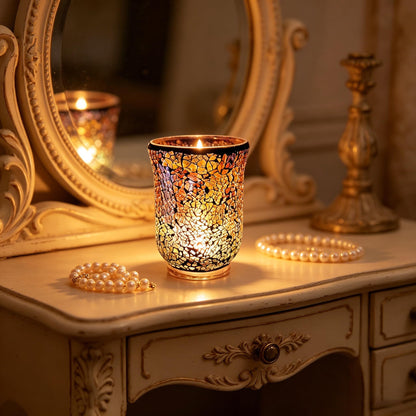 Glass Candlestick Romantic Mosaic Broken Candlelight Aromatherapy Candle Cup for Valentine's Day Christmas Thanksgiving Tables Center of Party Decorations(NO Candles)