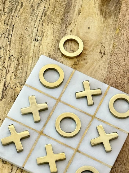 Marble Tic Tac Toe Game 8x8 Premium Handcrafted Natural Marble Board Game Modern Coffee Table and Home Decor Perfect for Living Room Unique Gift Decorative Board Game Set White and Gold XO