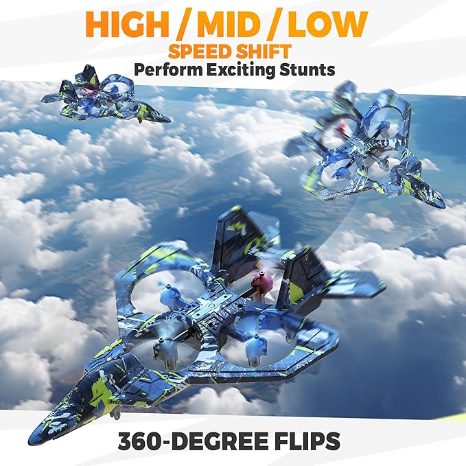 BEZGAR RC Plane Foam Remote Control Airplane Drone for Kids RC Aircraft for Boys and Girls Fighter Jet Helicopter with LED Lights Altitude Hold 360° Flip Stunt Rotation Toy Airplane Blue